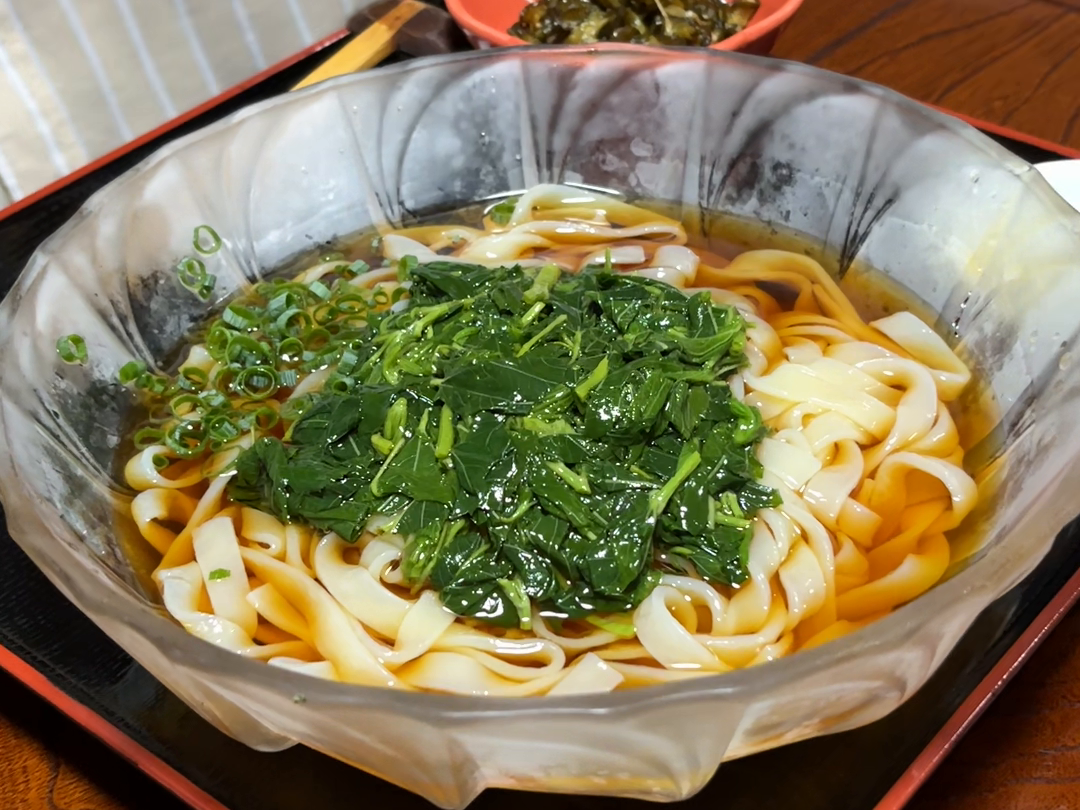 取材時のモロヘイヤうどん